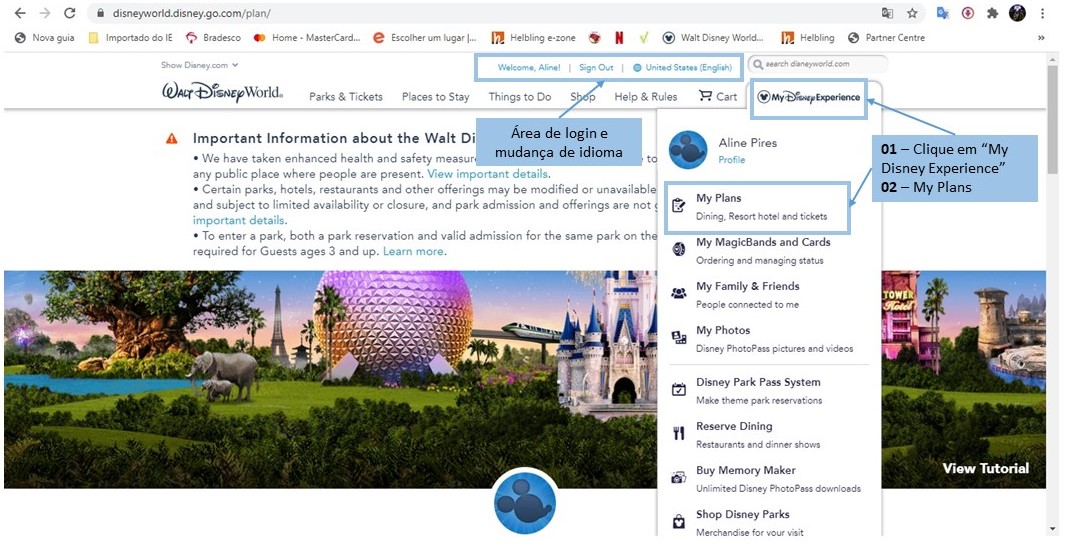Como vincular os ingressos (e-ticket) no My Disney Experience Como vincular os ingressos (voucher) no My Disney Experience