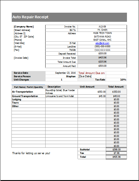 Receipt For Car Repair - Invoice Template