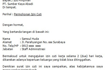 Contoh Surat Izin Tidak Masuk Kerja Karena Istri Sakit