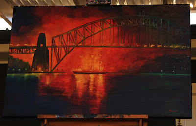 Oil painting - nocturne of Sydney Harbour with tall ship, fireworks and Sydney Harbour Bridge painted by industrial and marine artist Jane Bennett