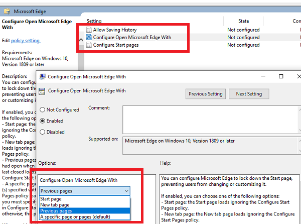 Configura Microsoft Edge per l'apertura con la pagina precedente