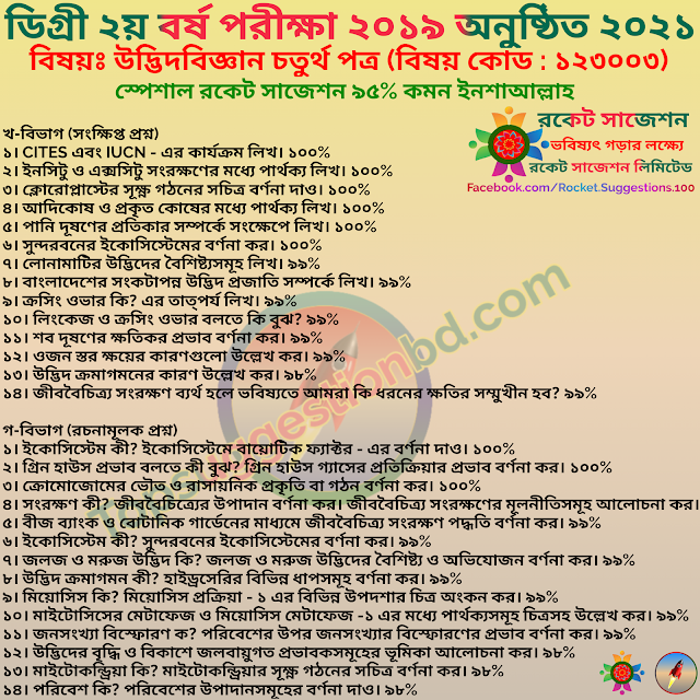 Degree 2nd Year 2021 Subject Botany 4th Paper Special Short Suggestion