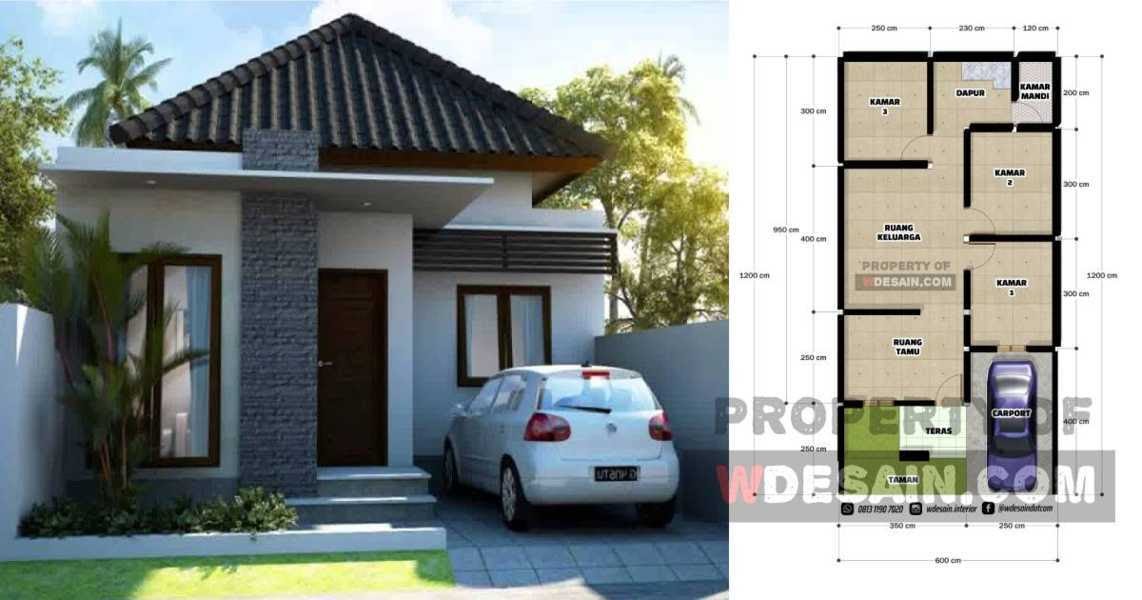 Contoh Desain Rumah Ukuran 6x12 dengan 3 Kamar Tidur dan Tampak Depan