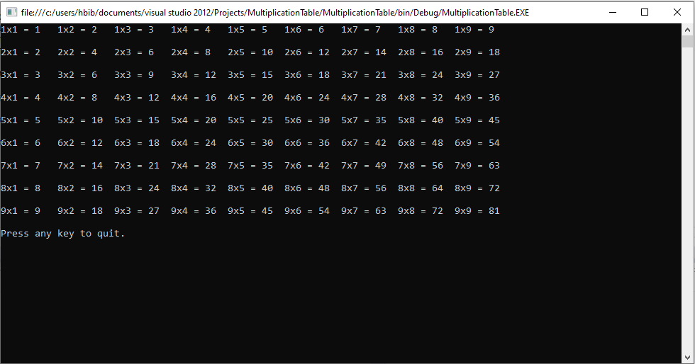 Mixiz كود C Console Application لإنشاء و عرض جدول الضرب C Console Application program to