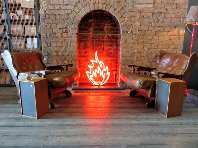 Faux neon fireplace at 200 Degrees Coffee and Barista School in Birmingham, England