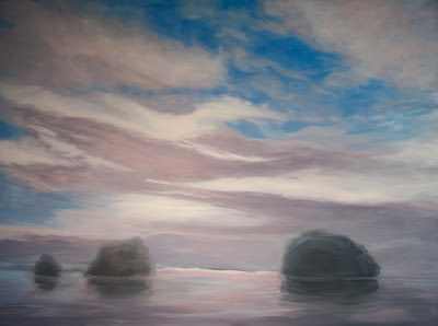 Sky, Rocks, Beach, work in progress, Katherine Kean, oil on linen, atmospheric, Hawaii, clouds