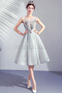 grey lace appliques cocktail dress