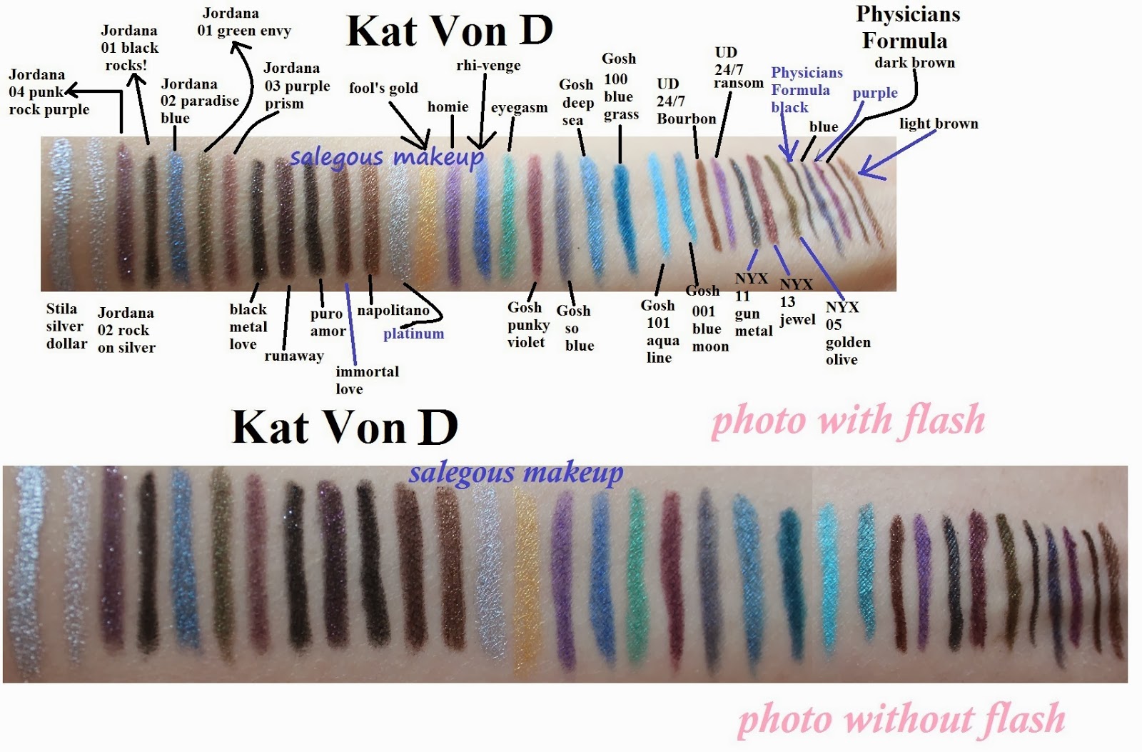 Salegous Makeup Eyeliner Swatches NYX, Urban Decay 24/7, Kat Von D