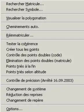 éditeur de GéoBases, menu, Cov. Calculs, barre de menu, Géobase, élémstation, référence, mesure, point, commentaire, code des points, topographiques, calculs topométriques