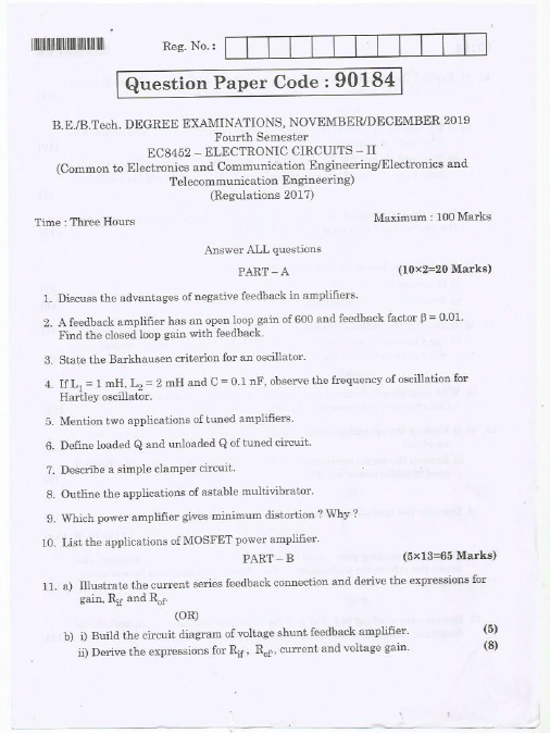Anna University EC8452 ELECTRONIC CIRCUITS II NOVEMBER/DECEMBER 2019