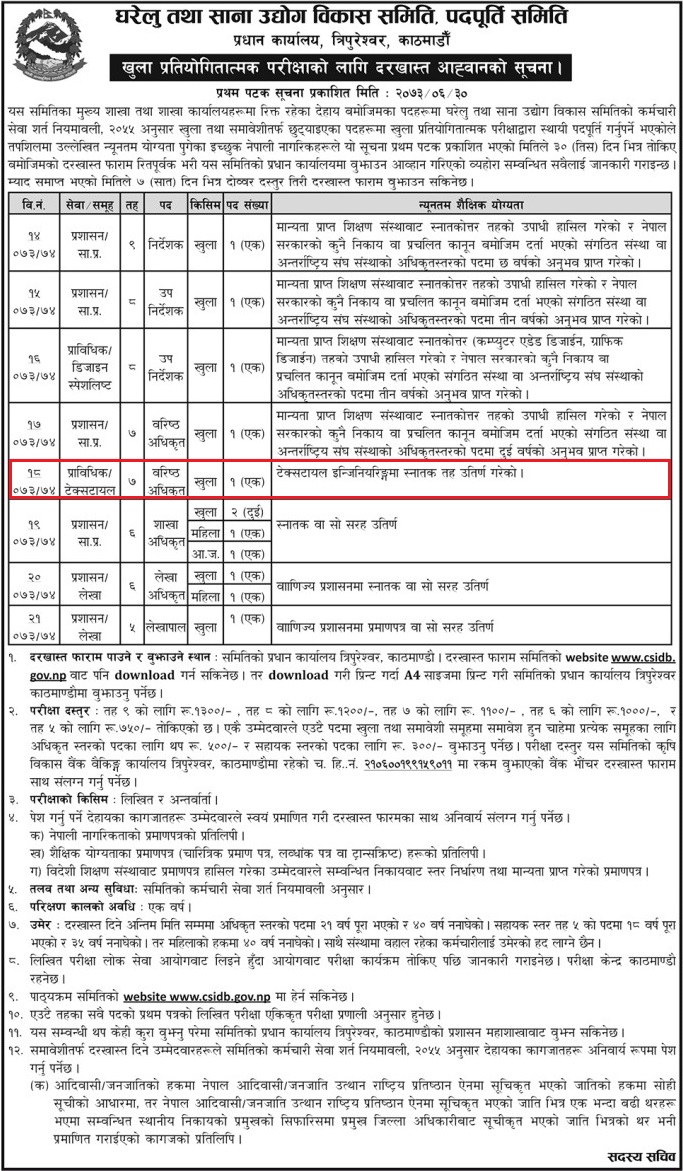 Textile Engineer Job Vacancy Cottage and Small Industries Development