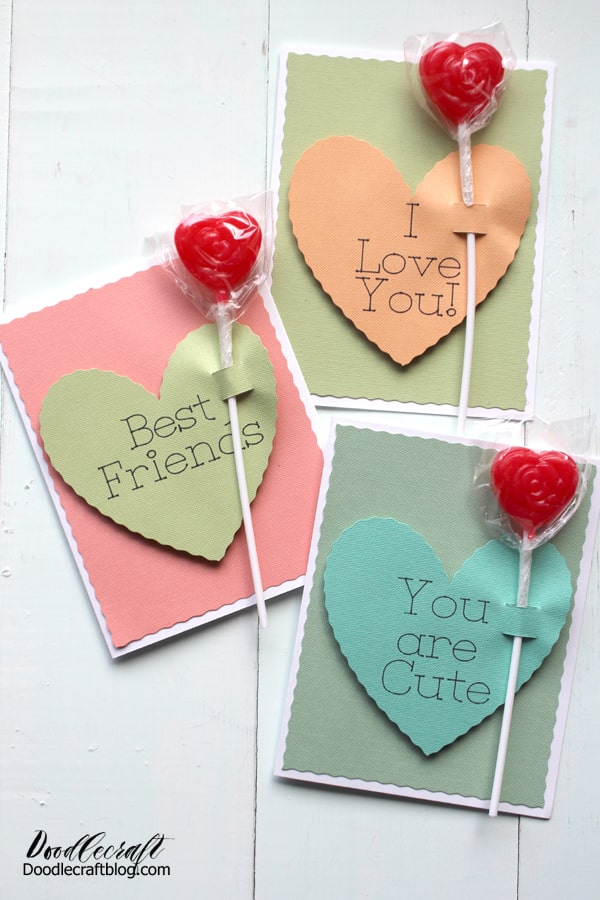 This cute Valentine Card inspired by conversation hearts is easy to make using the Cricut Maker, drawing pen and the wavy cut blade. Insert a lollipop for the perfect Valentine's Day gift!
