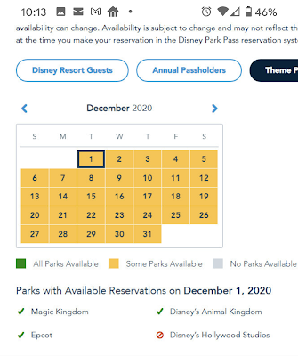Disney parks availability schedule for December 2020