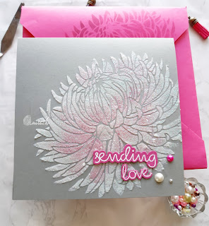 Chrysanthemum stencil, Uniko ltd Chrysanthemum, Stencil card, Faber castell glass bead, Floral card, Quillish, Pink and grey card, Floral card on grey cardstock, sending love card, Uniko floral card, cards by Ishani, DIY envelope