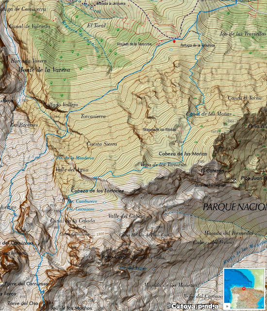 Mapa IGN de la ruta señalizada a la Torre del Oso en Picos de Europa.