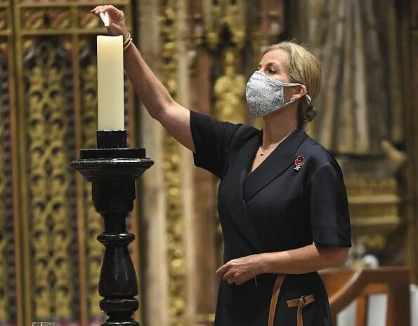 The Countess of Wessex attended the All Souls' Day service at Westminster Abbey. Mark Spencer navy swing midi blazer dress half sleeve