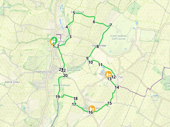 Walk 106: Much Hadham SE Loop Created on Map Hub by Hertfordshire Walker Elements © Thunderforest © OpenStreetMap contributors Note: There is a larger, more-detailed map embedded at the end of these directions