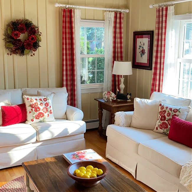 Cottage Style Red and White Living Room