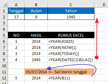 Contoh Fungsi/Rumus YEAR Excel