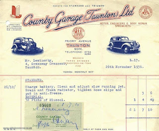 County Garage (Taunton) Ltd invoice 26 November 1956