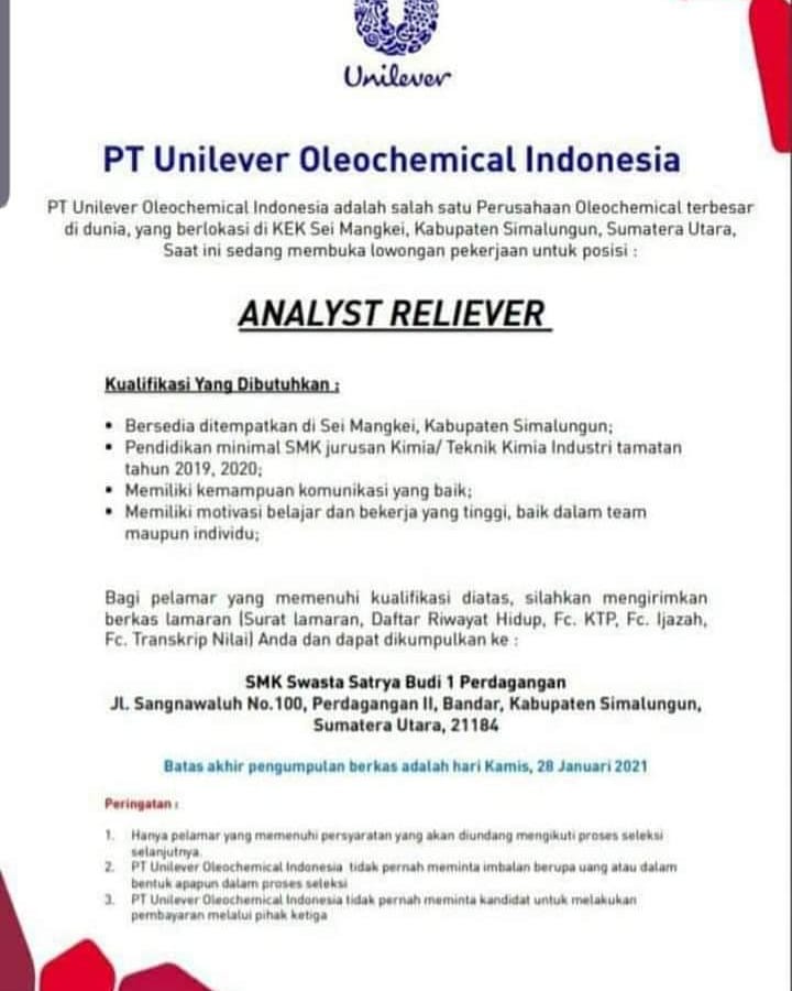 Analyst Reliever Di Pt Unilever Oleochemical Indonesia Informasi Lowongan Kerja Medan 2021 Terbaru Hari Ini