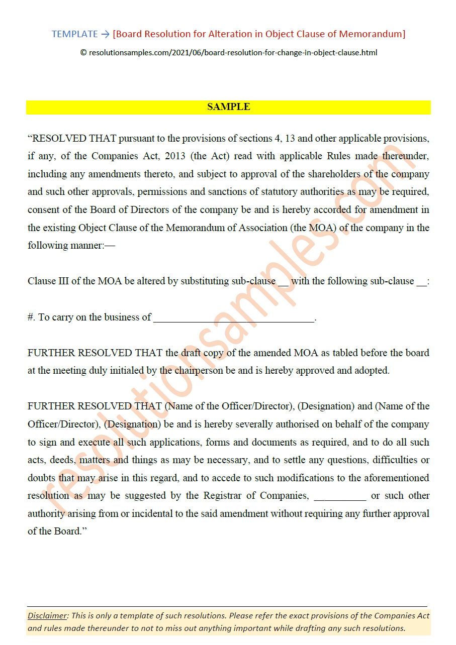 Board Resolution Format for Alteration in Object Clause of MOA