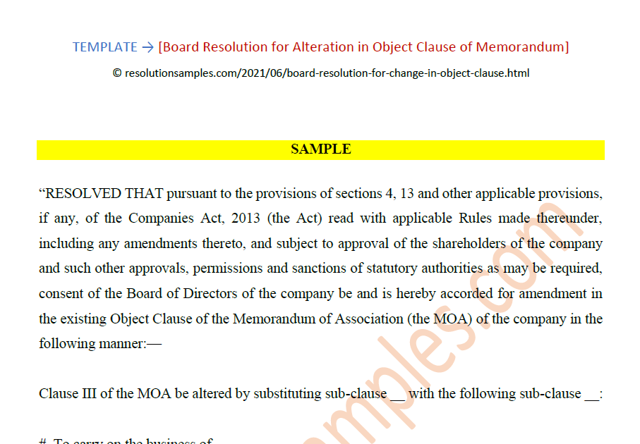 Board Resolution Format for Alteration in Object Clause of MOA