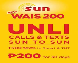 Sun Cellular WAIS 200 – 30 Days Unli Call and Text for 200 Pesos Sun Cellular WAIS 200 – 30 Days Unli Call and Text for 200 Pesos