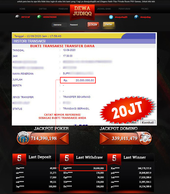 BUKTI TRANSFER DEWAJUDIQQ 20.000.000