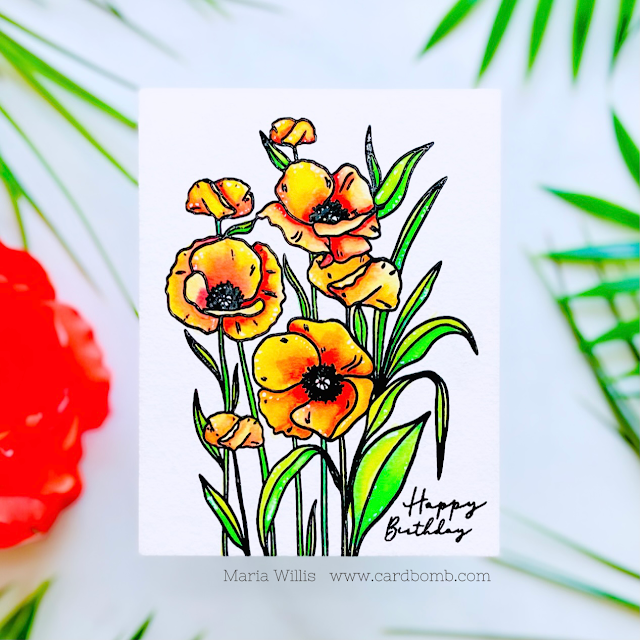Cardbomb, Maria Willis, Gina K. Designs,video,video tutorial,Karin Markers,watercolor,flowers, cards,handmade cards,stamps, stamping, ink, paper, papercraft, craft, create, diy,happy birthday,