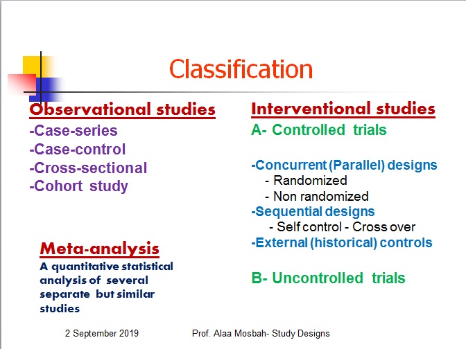 Classifications of study designs- Prof. Alaa Mosbah