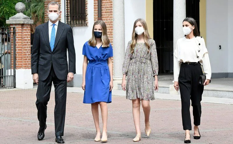 Infanta Sofia wore a new printed pleated dress from Mango, Queen Letizia wore an ecru fontana blouse from Maksu