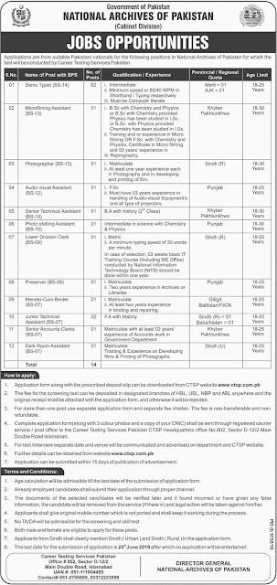 National Archives of Pakistan Jobs 2019 in Pakistan Apply through CTSP