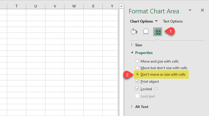 Excel 스프레드시트에서 차트 위치 잠금