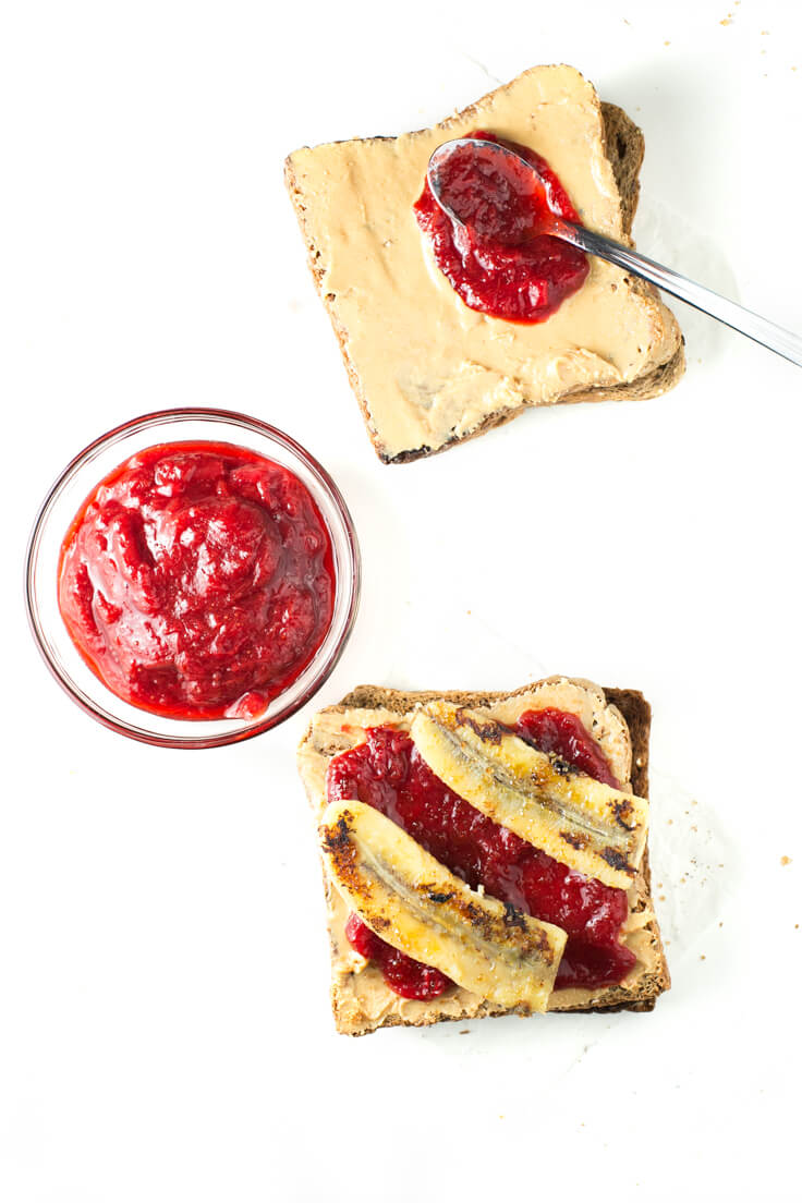 Rhubarb Jelly Sandwich: This is the upgraded version of the traditional peanut butter and jelly sandwich. It is made with homemade rhubarb jam and banana. Rhubarb Jelly Sandwich: This is the upgraded version of the traditional peanut butter and jelly sandwich. It is made with homemade rhubarb jam and banana.