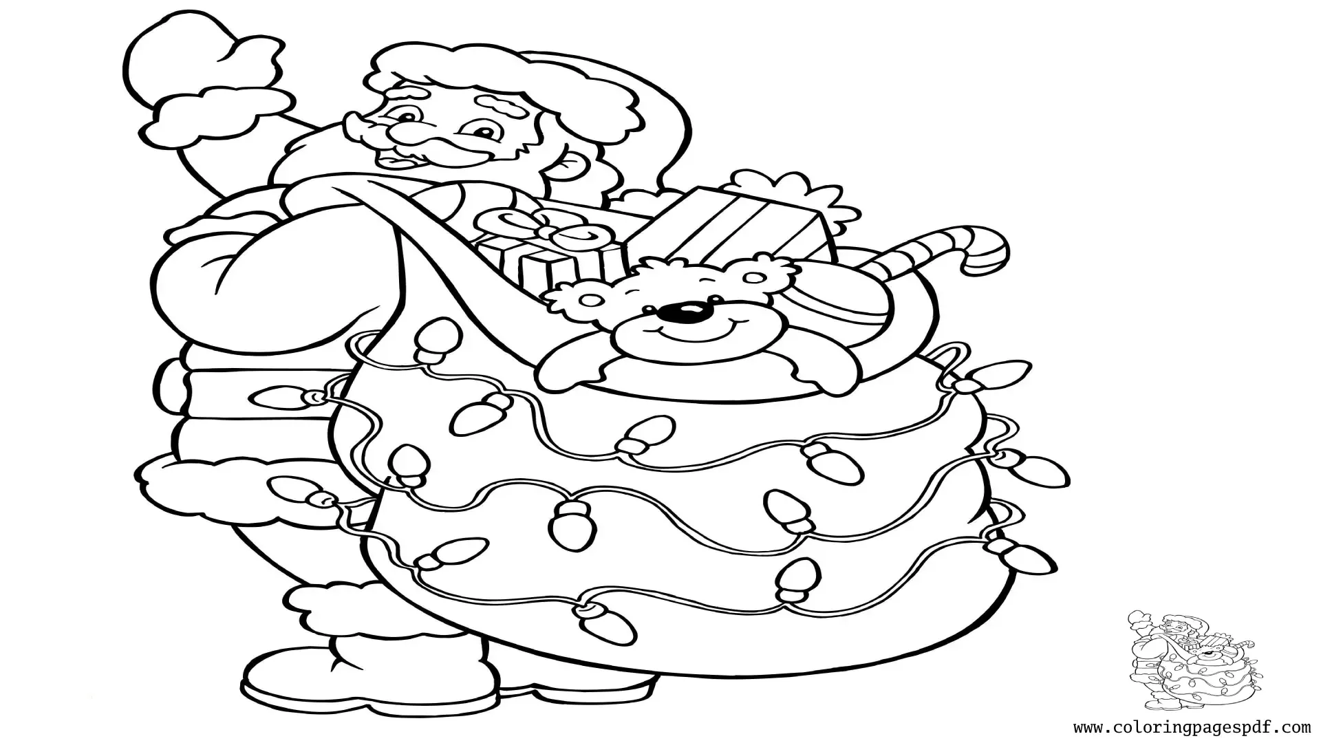 Coloring Page Of Santa Lifting A Gift Bag