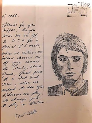 A sketch of Paul Weller plus a letter from The Jam fan club 1978