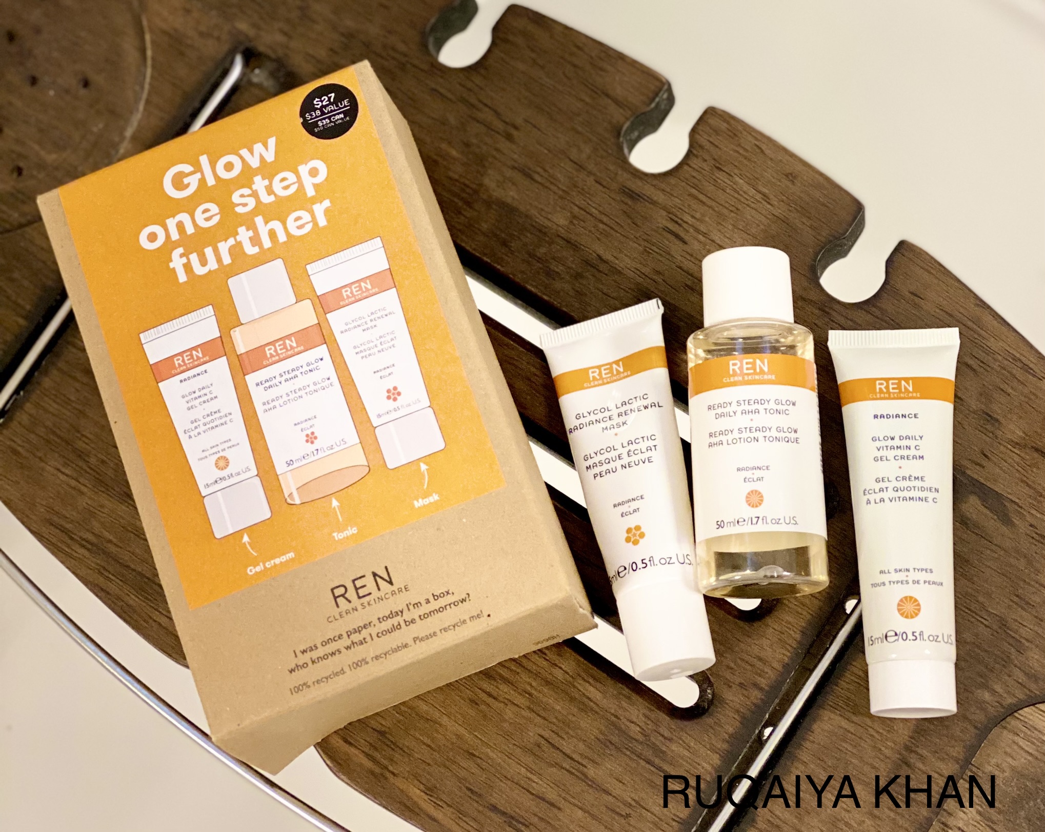 Ruqaiya Khan REN Clean Skincare Glow One Step Further Set Daily AHA Tonic, Glycolic Renewal