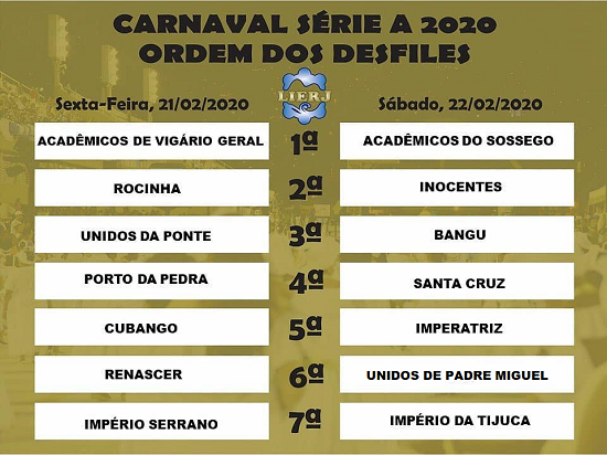Ingressos Carnaval 2020 - Ordem dos desfiles da Série A