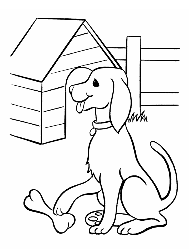 Honden kleurplaten, hond met bot bij hondenhok