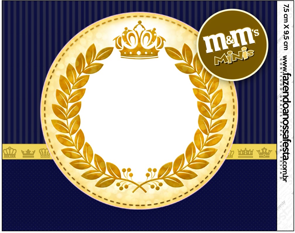 Etiqueta M&M de Corona Dorada en Fondo Azul para imprimir gratis.