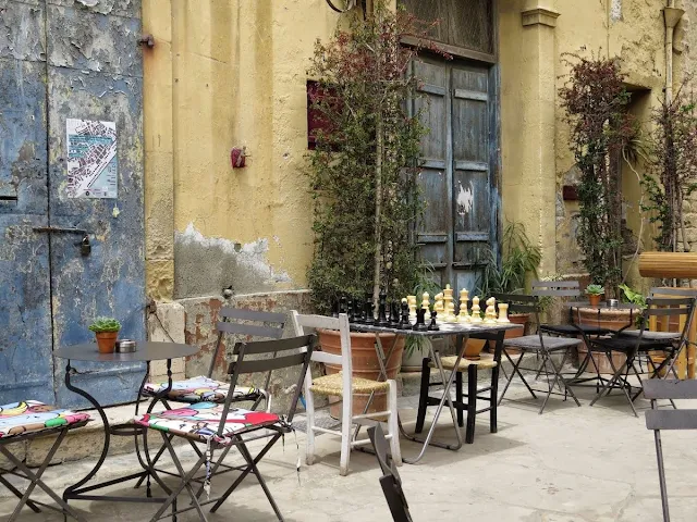 One Week in Cyprus itinerary: Old Town Lemesos alleyway and chess set