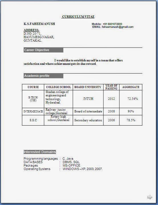 resume format for freshers b.tech cse