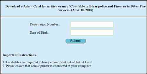 Bihar CSBC PET constable, fireman admit card