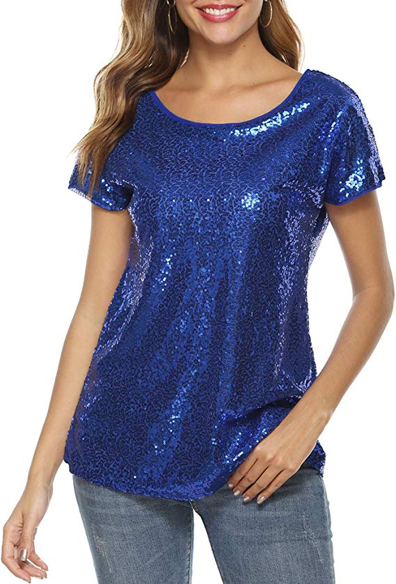 YAWOVE Women's Sparkle Sequin Top Short Sleeve Shimmer Glitter Party ...