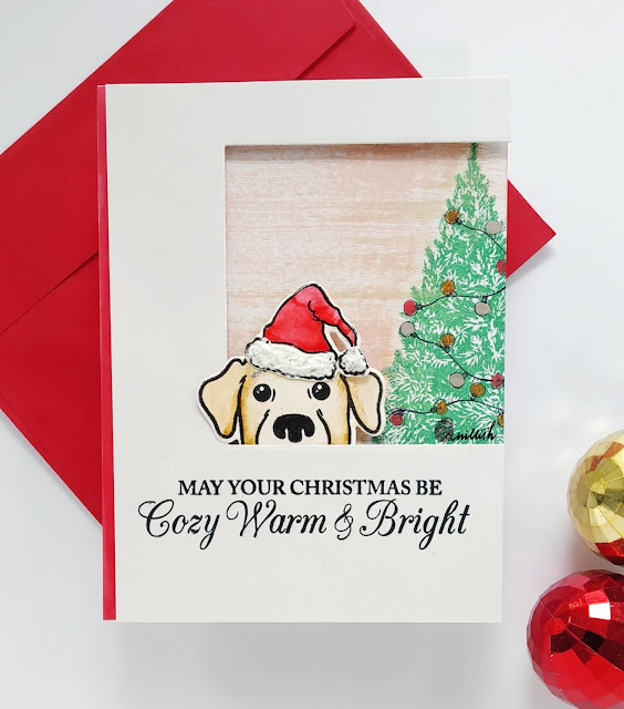 Catherine Pooler designs Pet Peeves, Christmas card with a pet, Hero Arts Christmas sentiment stamp set, Mudra craft Christmas stamp,Quillish,