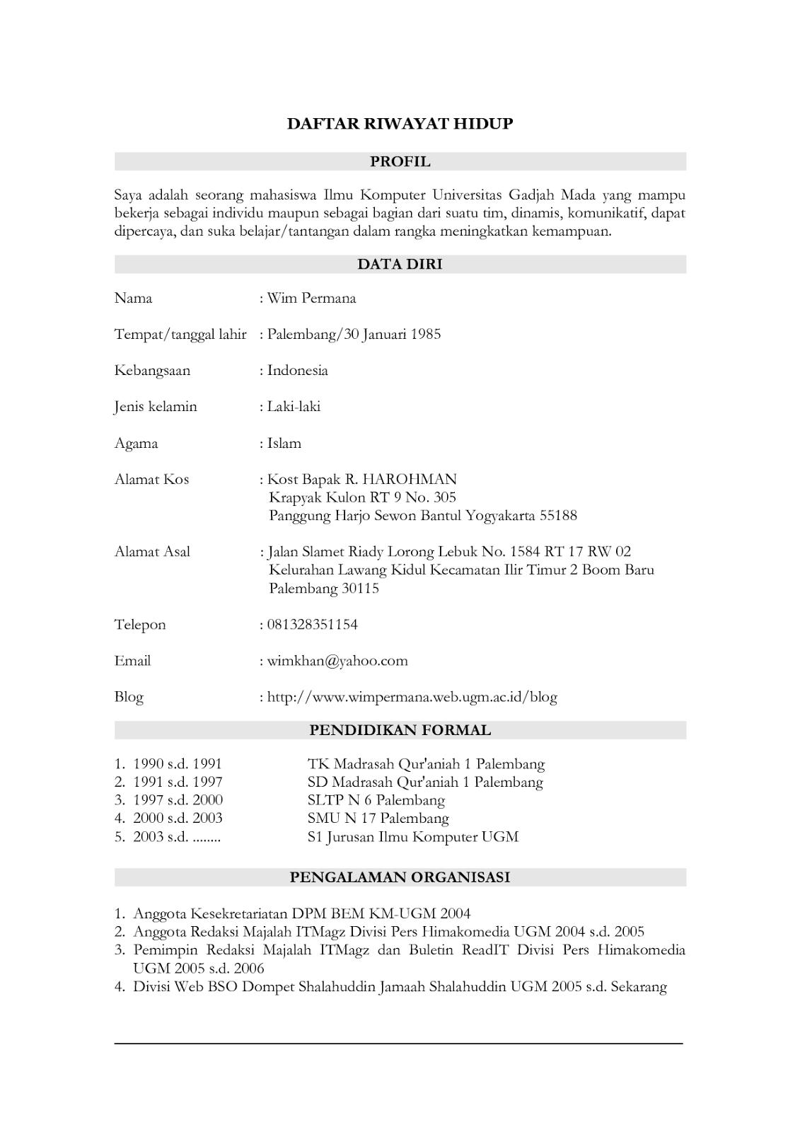 Contoh Daftar Riwayat Hidup Curriculum Vitae Cv Lamaran