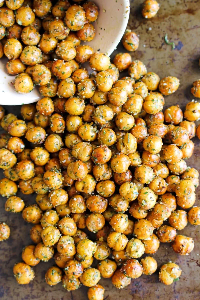 Crispy Air Fryer Ranch Chickpeas on a metal background.