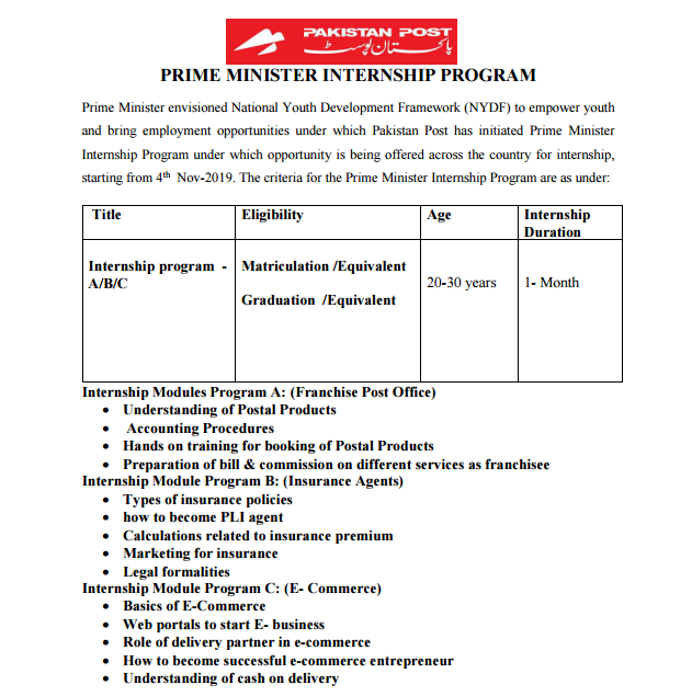Pakistan Post Internship Program 2019 | 35000+ Interns | Application Form Download