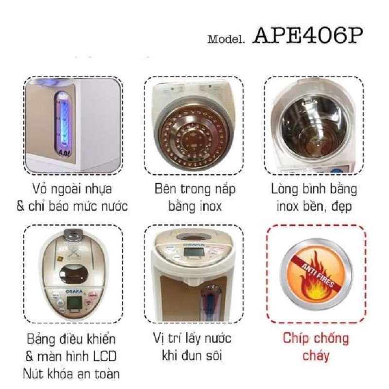 Bình thủy điện Osaka APE-406P - 4 chế độ giữ ấm Bình thủy điện Osaka APE-406P - 4 chế độ giữ ấm